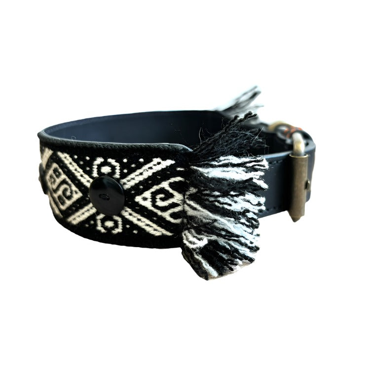 dogs love munay dog collar black leather with black and white fabric and black tagua nuts