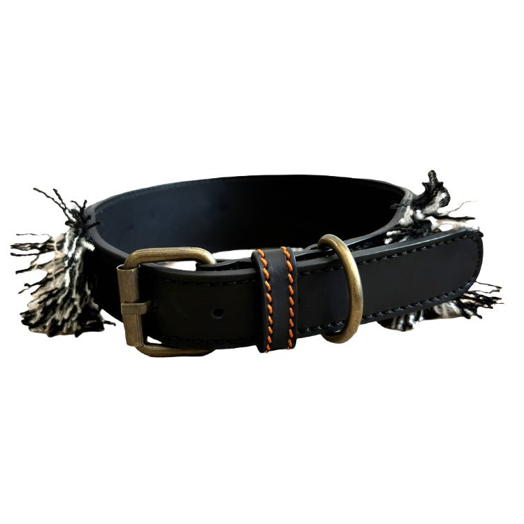 dogs love munay dog collar black leather with black and white fabric and black tagua nuts