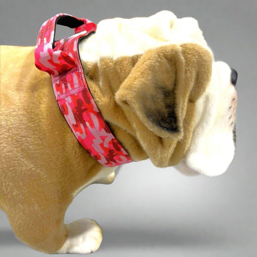 The Bold&amp;Brave tactical collar with frog clasp is perfect for large dogs who need extra support. Made with soft neoprene padding and a sturdy 3.8cm width, this collar offers both comfort and control. Available in red and blue camo, it also comes with a matching leash featuring a quick-release frog clasp for added safety.