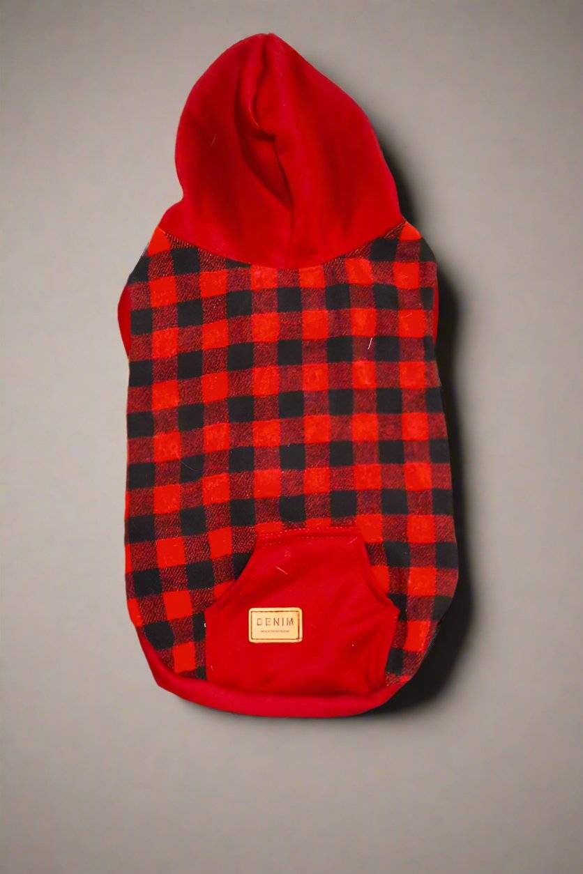 dog sweater in canadian lumberjack style black checkered with red.