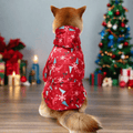 dog seen from the back, wearing a red christmas sweater