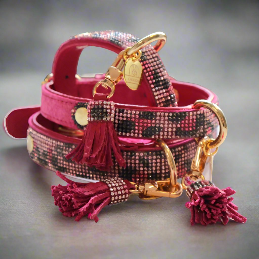 deluxe leather dog collar pink with sparkling swarovski crystals