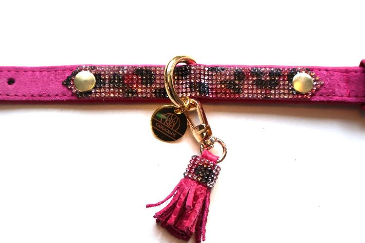 deluxe leather dog collar pink with sparkling swarovski crystals