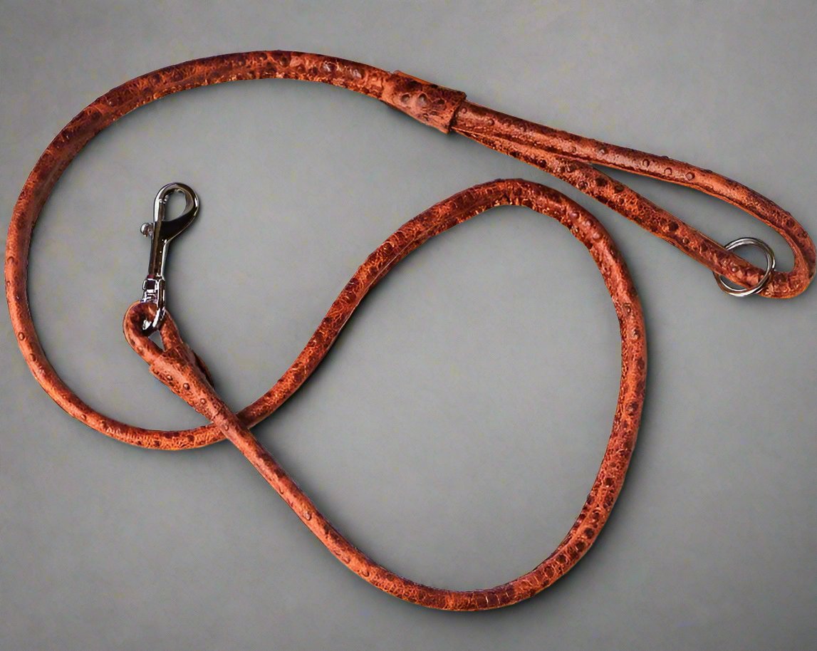 DELUXE Leash - Cavlicious, brown leather with ostrichdesign, high quality, 1.35