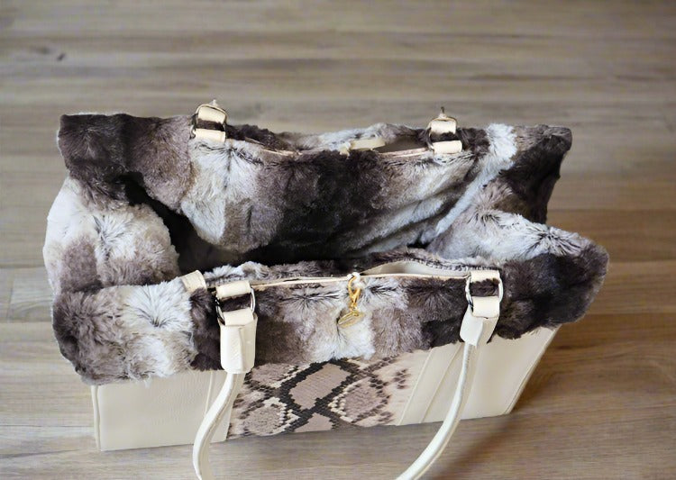 a high end leather dog carrier with a soft fur liner