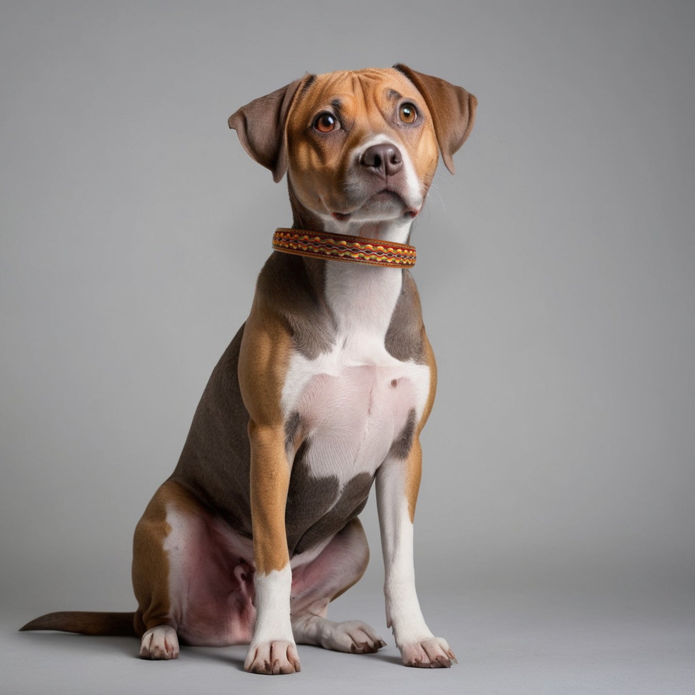 dog wearing a colorful leather collar