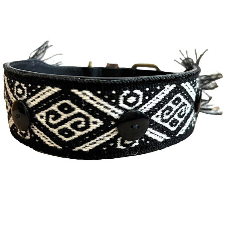 dogs love munay dog collar black leather with black and white fabric and black tagua nuts