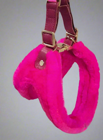 dog step in harness made from genuine lambs wool in hot pink.