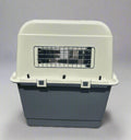 Pet carrier with a gray bottom and beige top on a white background