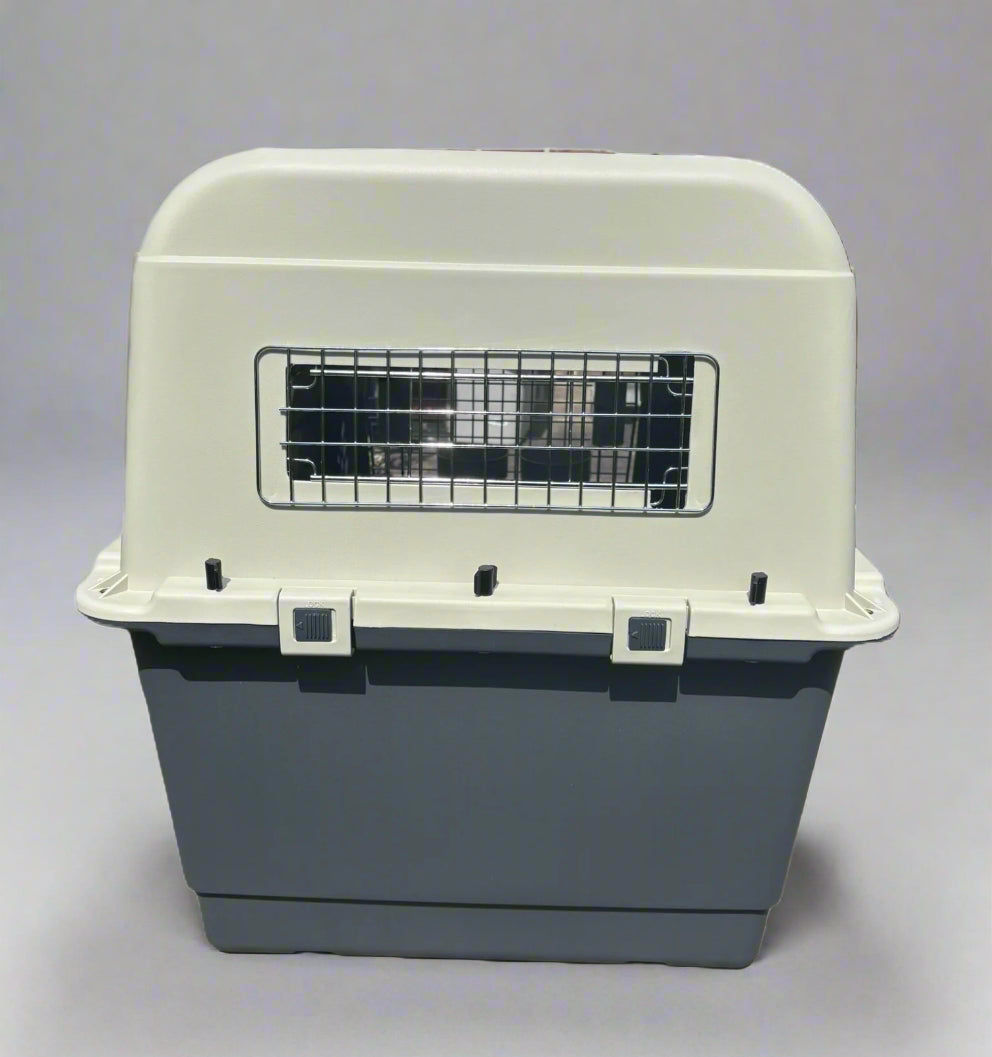 Pet carrier with a gray bottom and beige top on a white background