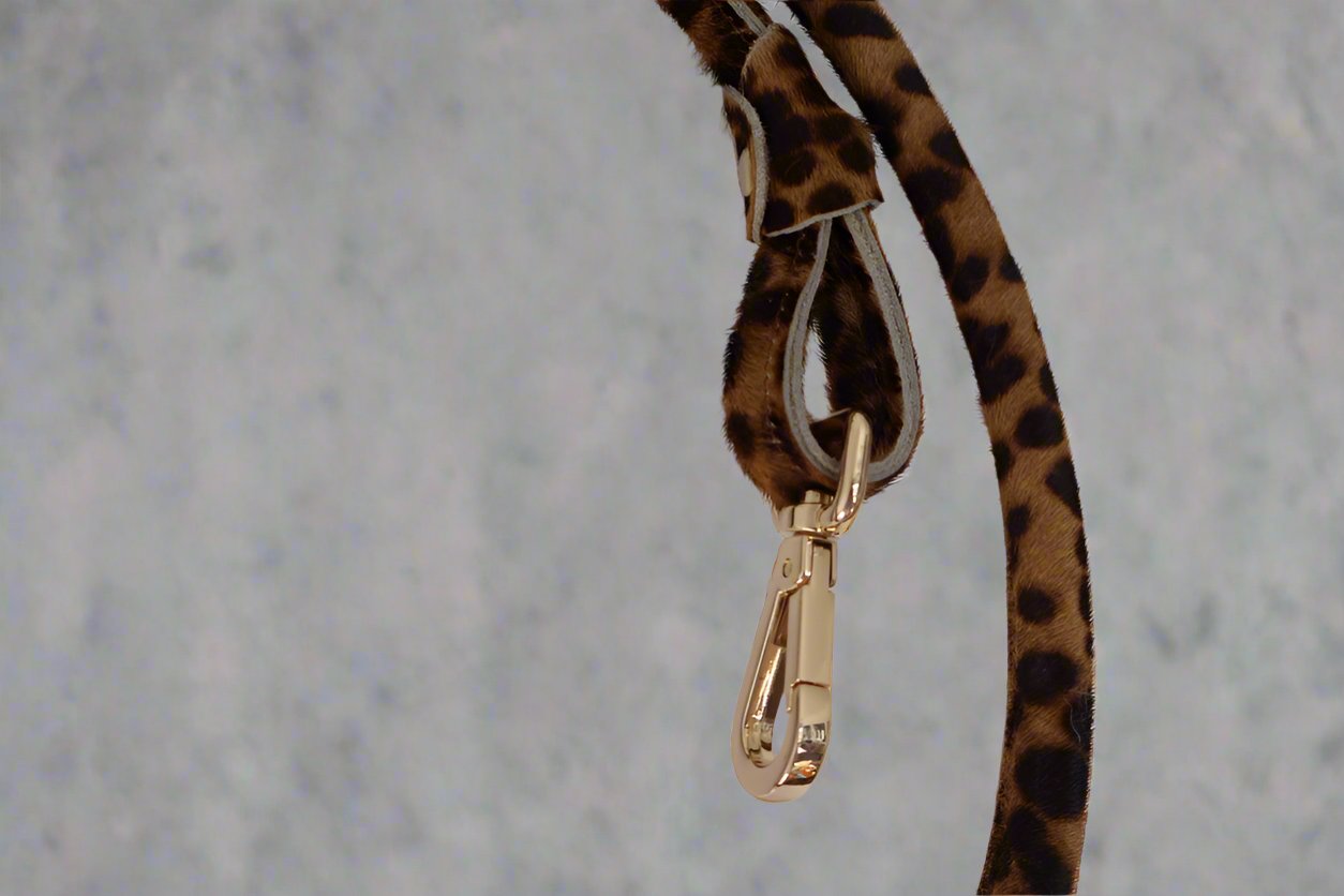 leather dog leash in rolled pony leopard leather