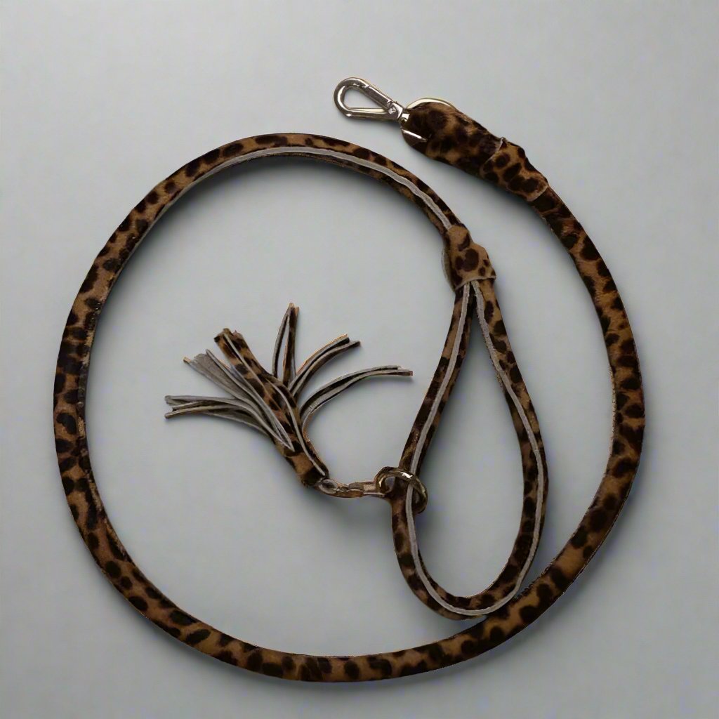 leather dog leash in rolled pony leopard leather