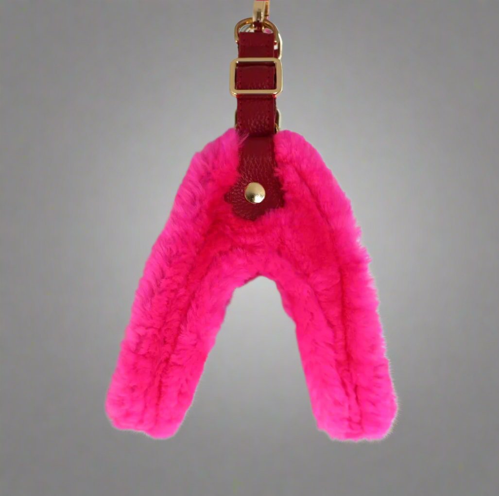 dog step in harness made from genuine lambs wool in hot pink.