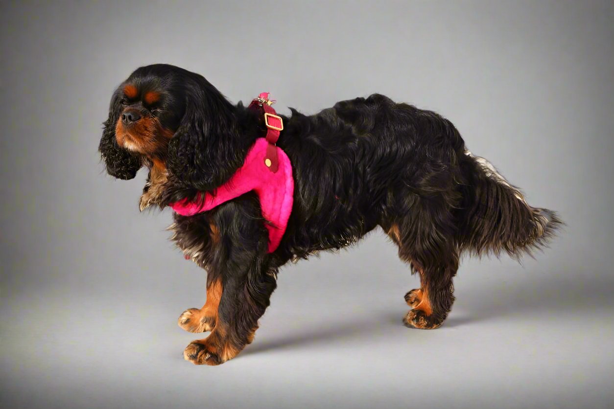 dog wearing a step in harness made from genuine lambs wool in hot pink.