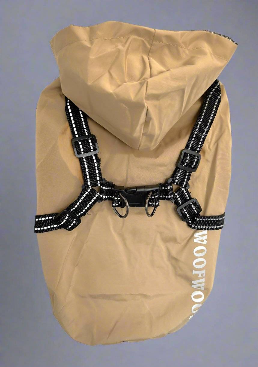 dog raincoat with built in harness. closes with hook-and-loop. fully lined. with hood. For small dogs. 