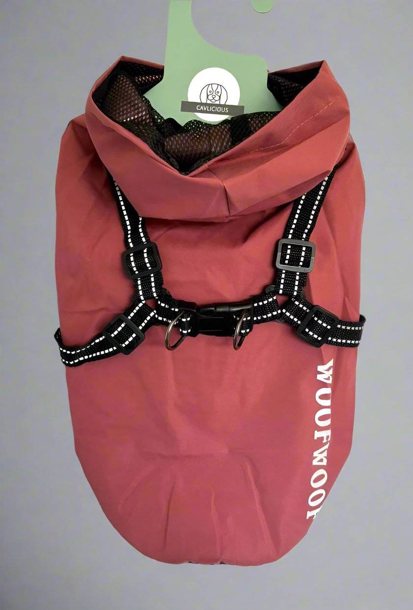 dog raincoat with built in harness. closes with hook-and-loop. fully lined. with hood. For small dogs. 